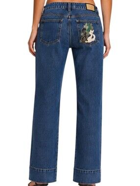 Vintage Baby Phat Cat Embroidered Jeans Women 30 Blue Gold Plate Logo Y2K